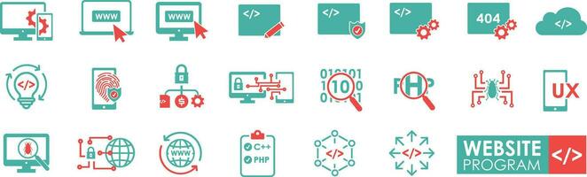 Set of Website Program. Solid icon simple style. Software development icon collection. Programmer and developer symbol vector illustration.