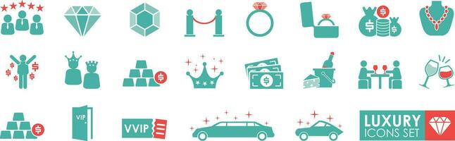 Set of Luxury icons. Solid icon style. It contains diamonds, VIPs, money, gold, and a crown. Vector illustrations.