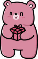 Happy pink bear holding a gift box flat outline cartoon png