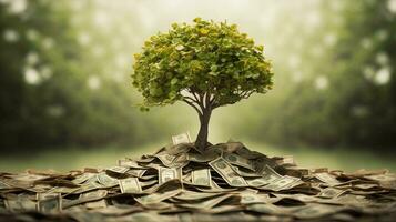 Money Blossoms. Tree Flourishing on a Pile of Cash for Investment and Financial Growth Concepts photo