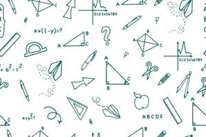 Back to school doodles seamless pattern with school supplies. Vector illustrations in Hand-drawn doodles style. Rulers, triangles, school supplies. Vector illustration