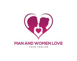 Love Heart Valentine Logo Design With Couple Silhouette Logo Inspiration Vector Template.