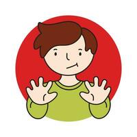 Stop sign and rejection concept. Young serious man cartoon character standing in red round and showing his palm with refusing emotion boy vector