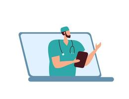 maduro masculino personaje médico en línea en computadora portátil, telemedicina concepto con paciente archivos, prescribir medicamentos dibujos animados personas vector plano ilustración