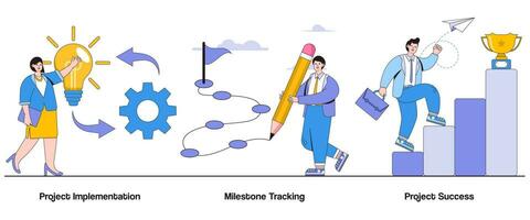 Project implementation, milestone tracking, project success concept with character. Project execution abstract vector illustration set. Project planning, timely delivery, goal achievement metaphor