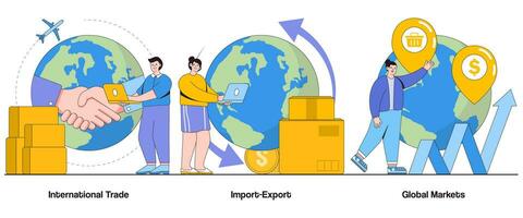 internacional comercio, importación y exportación, global mercados concepto con personaje. global negocio resumen vector ilustración colocar. comercio acuerdos, mercado expansión, transcultural comunicación metáfora