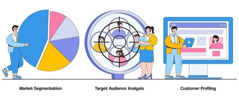 mercado segmentación, objetivo audiencia análisis, cliente perfilado concepto con personaje. audiencia segmentación resumen vector ilustración colocar. mercado apuntando, personalizado márketing metáfora