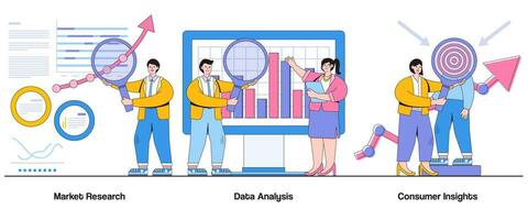 Market research, data analysis, consumer insights concept with character. Market intelligence abstract vector illustration set. Trend identification, market opportunities, strategic decision-making