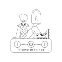 Man holding lock to secure IoT data, in vector linear illustration