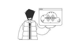 A cartoon character holding a computer screen vector