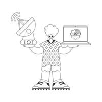 He holds an antenna and laptop for working with IoT data, in linear fashion vector