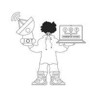Guy holds antenna, laptop to work with IoT data in linear style vector