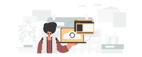 A woman holding a laptop with a cloud icon on it vector