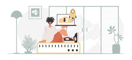 A woman sitting on a computer with a laptop vector