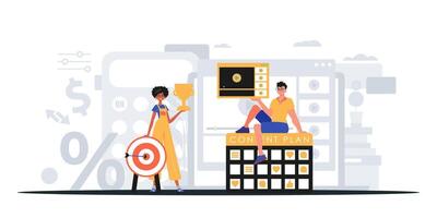 Two people are standing next to a phone and a computer vector