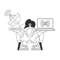 Female grasping an aerial and laptop, manipulating IoT data with a linear vector illustration