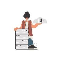 The boy is holding a data cloud and a server. Detached. Trendy style, Vector Illustration