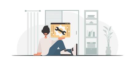 el individual es participación un navegador ventana con engranajes seo y web examinando sujeto. de moda estilo, vector ilustración