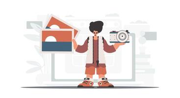 A man holding a camera and a book vector