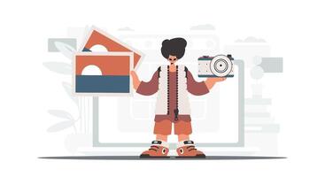 The individual holds a camera and photos in his hands. The concept of rest and travel. Trendy style, Vector Illustration