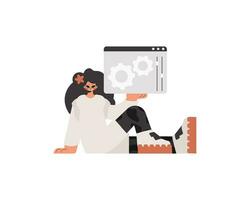The energetic lady is holding a browser window with gears. SEO and web investigating subject. Confined. Trendy style, Vector Illustration