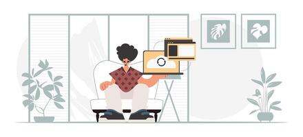 A man sitting in a chair with a computer screen vector