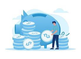 Person saving money, inserting coins to piggy bank concept flat illustration vector