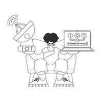 A man sitting on a chair with a laptop and a wifi antenna vector