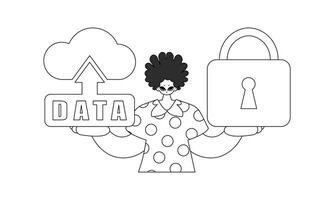 Guy holds cloud storage logo for Internet of Things, drawn in linear vector style