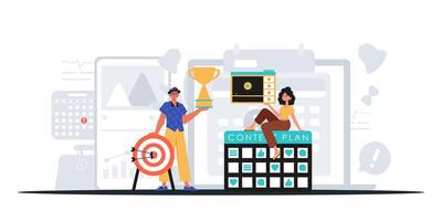 A man and woman are standing next to a calendar with a target and a cup vector
