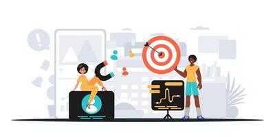 People are standing around a table with a target on it vector