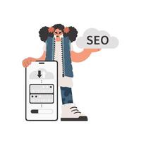 A cartoon woman holding a phone with the word seo on it vector