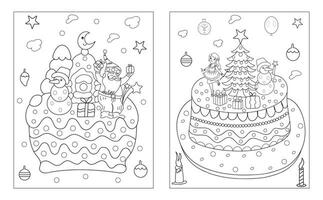 Christmas cake with festive decoration. Baked sponge dessert with Xmas stick, gingerbread house, firs, berries. vector