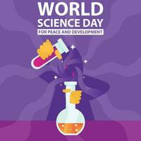 illustration vector graphic of a scientist conducts an experiment combining two different chemical elements, showing a wave reaction, perfect for international day, world science day, peace.