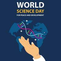 illustration vector graphic of hand is holding up the dna symbol, perfect for international day, world science day, peace and development, celebrate, greeting card, etc.