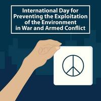 illustration vector graphic of hands holding a peace symbol, showing silhouette of skyscrapers, perfect for international day, prevention the exploitation, the environment, war and armed conflict.