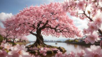 A Breathtaking Symphony of Pink Cherry Blossoms in Full Bloom Underneath the Azure Sky. AI Generated photo