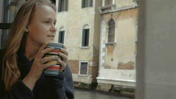 Woman enjoying hot tea and outside view video