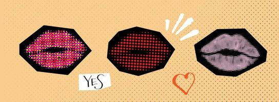 Set lips kiss as retro halftone vector