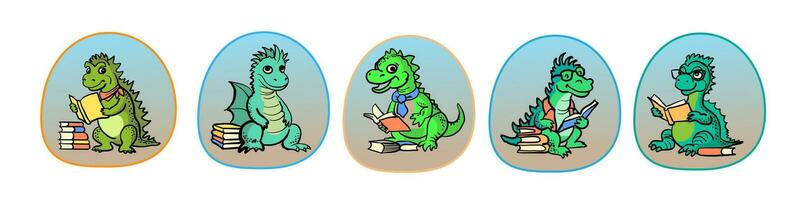 Collection cute dragons with books for stickers, vector