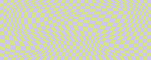 Checkerboard pattern. Purple and green psychedelic wavy background. Abstract grid warp texture. Y2k chessboard rave geometric design. Vector illustration.
