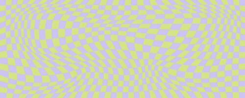 Checkerboard pattern. Purple and green psychedelic wavy background. Abstract grid warp texture. Y2k chessboard rave geometric design. Vector illustration.