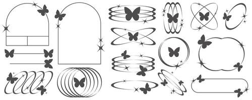 Aesthetic frames and shapes with butterflies. Minimal y2k outline graphic design with sparkles. Abstract minimalistic arches borders. Trendy boho geometric templates set. Vector illustration.