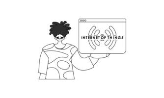 Man grasps linear vector style logo symbolizing the Internet of Things