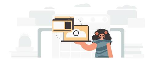 A woman holding a laptop with a computer on it vector