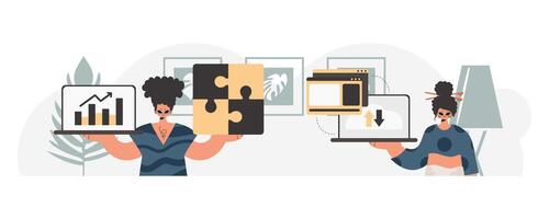 Two people holding up laptops with graphs and charts vector