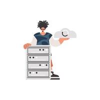 The boy is holding a information cloud and a server. Confined. Trendy style, Vector Illustration