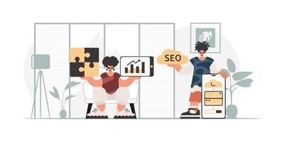 Two people are sitting in front of a computer with a phone and a laptop vector