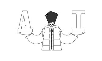 He holds letters AI, symbolizing Artificial Intelligence, in a linear vector design