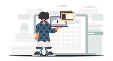 A man holding a laptop and standing next to a computer vector